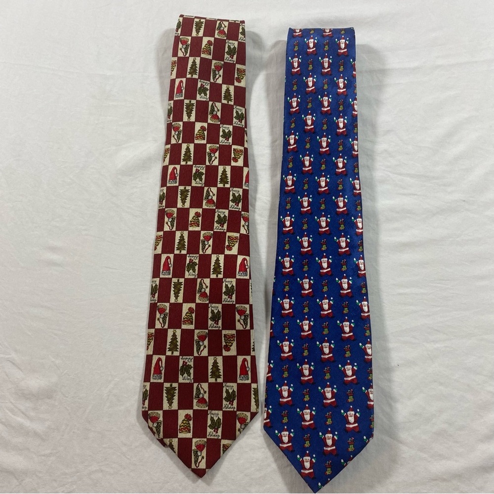 Joseph A Bank Christmas Ties Silk  Red and Blue Christmas Trees Santa Clause